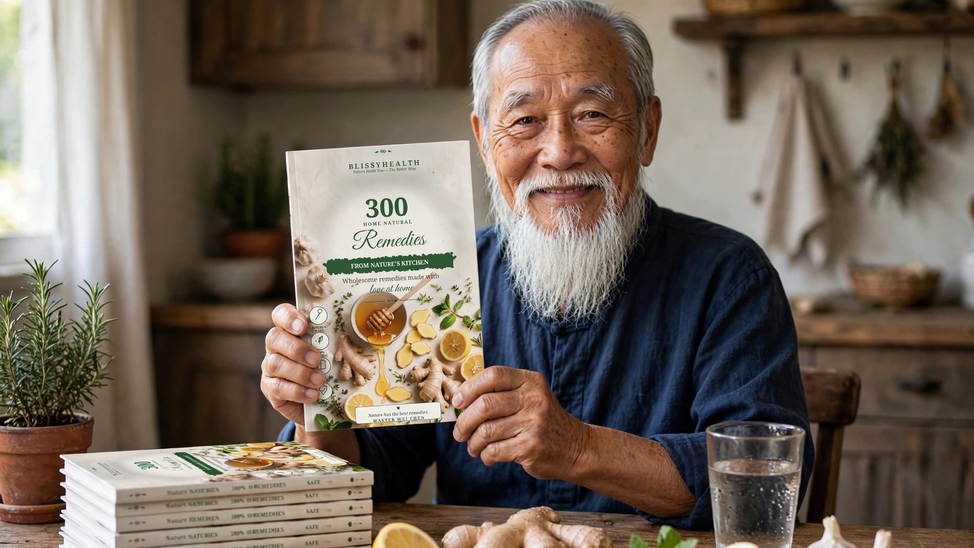 Master Wei Chen holding the 300 Home Natural Remedies book