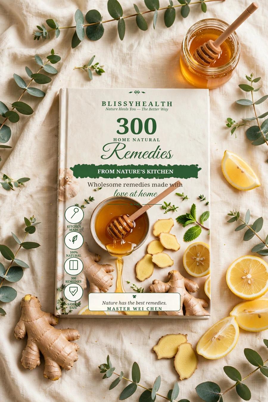 Warm kitchen flatlay of natural remedy ingredients — honey, ginger, lemon, and dried herbs
