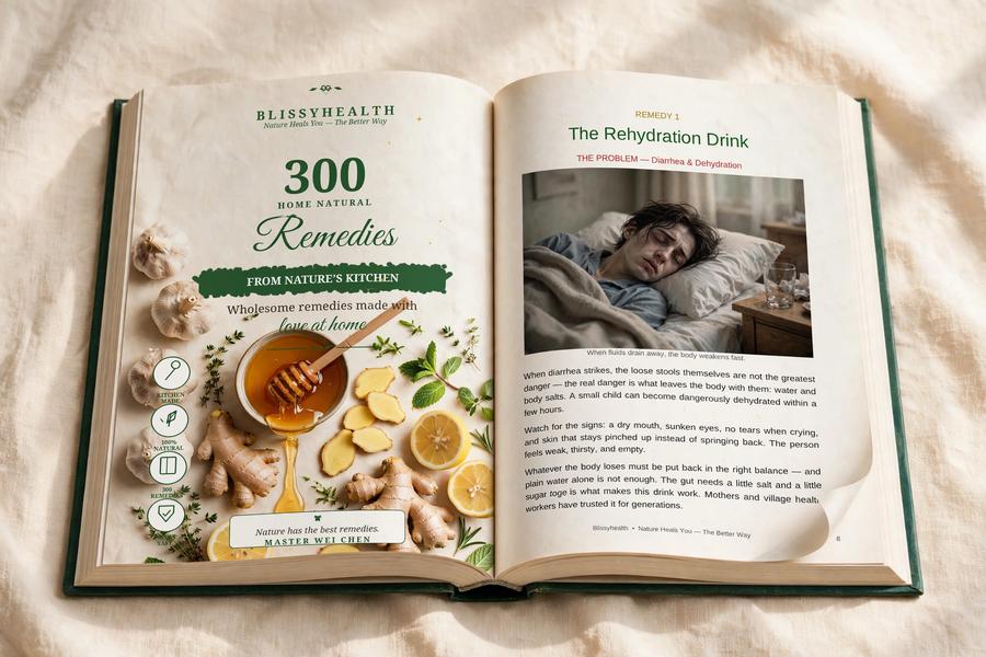 Open book spread showing real interior pages of 300 Home Natural Remedies with remedy entries