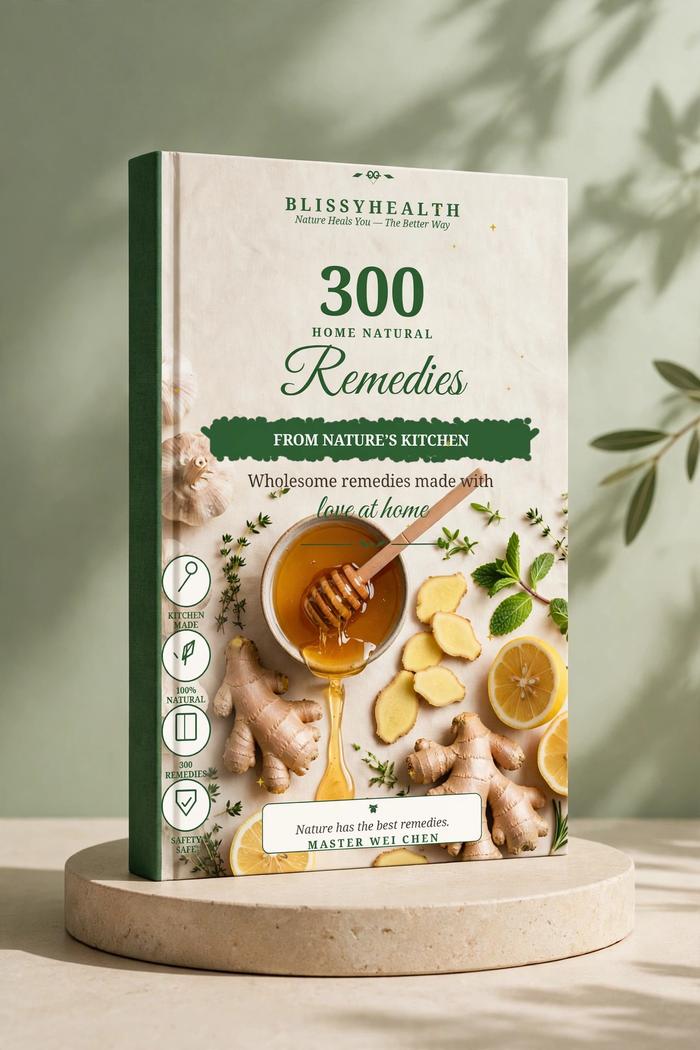 The book 300 Home Natural Remedies displayed on a pedestal in warm natural light