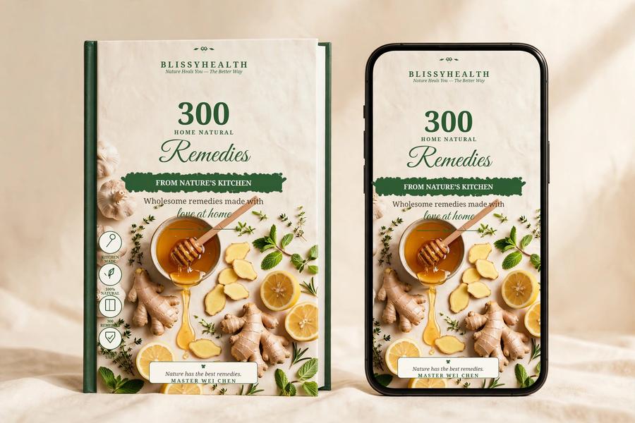 The book 300 Home Natural Remedies displayed on a smartphone — reads on any device